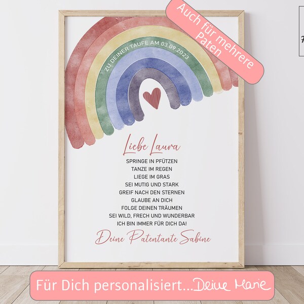 Patenbrief Taufe Poster personalisiert Taufgeschenk Regenbogen Mädchen Urkunde Geschenke Taufpate Patengeschenk Patenonkel Patentante Spruch