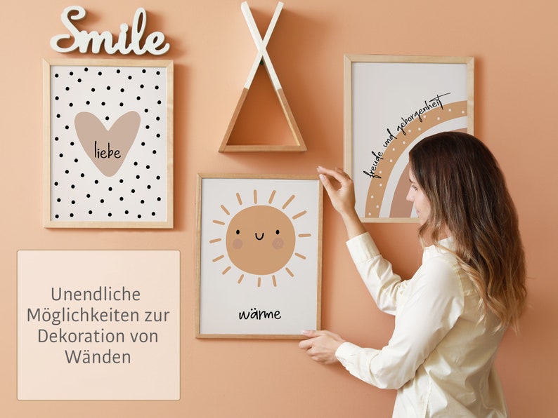 Babyzimmer Poster Dekoration 3er Set im Boho Stil Herz Sonne Regenbogen Wanddeko Kinderzimmer Wand Rahmen Braun Beige minimalistisch modern Bild 8