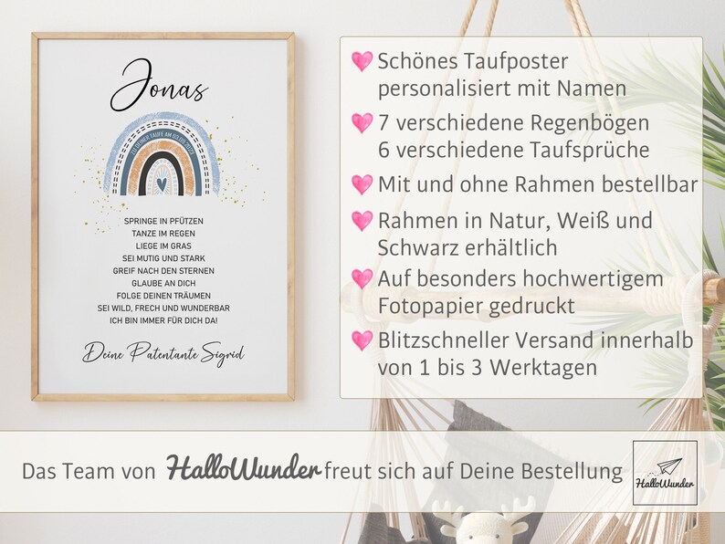 Taufgeschenk Taufe Poster personalisiert Patenbrief Regenbogen Jungen Mädchen Geschenke Taufpate Patengeschenk Patenonkel Patentante Spruch Bild 2