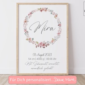 Geburtsposter Babyposter Boho Blumen Mädchen personalisiert mit Geburtsdaten Taufe Taufgeschenk Geschenk Blumenkranz Geburt Poster