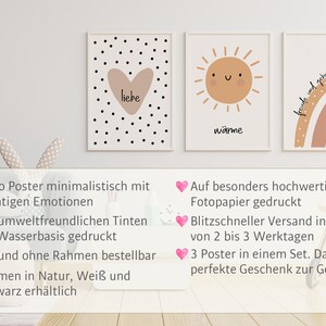 Babyzimmer Poster Dekoration 3er Set im Boho Stil Herz Sonne Regenbogen Wanddeko Kinderzimmer Wand Rahmen Braun Beige minimalistisch modern Bild 2