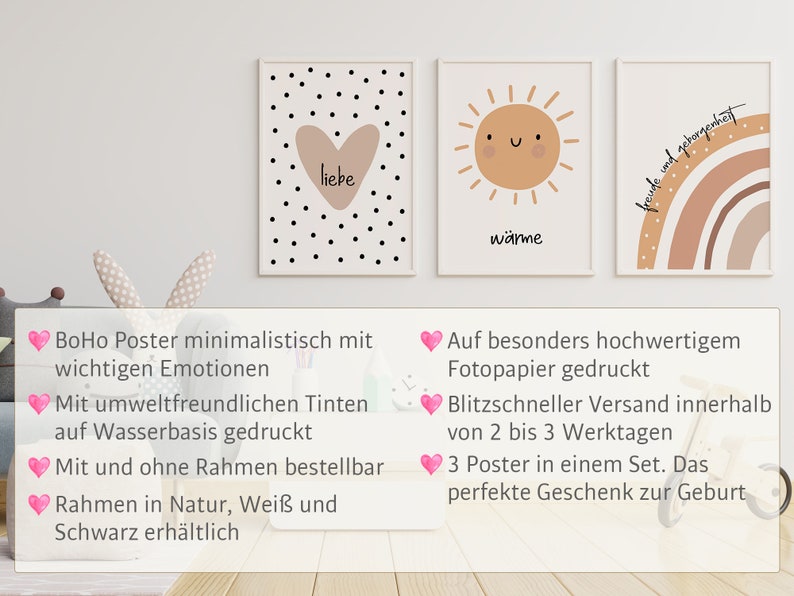 Babyzimmer Poster Dekoration 3er Set im Boho Stil Herz Sonne Regenbogen Wanddeko Kinderzimmer Wand Rahmen Braun Beige minimalistisch modern Bild 2