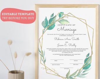 Marriage certificate printable template, Modern Wedding Certificate Template, Editable Wedding Vow Keepsake,Certificate of marriage template