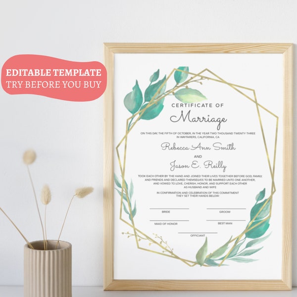 Marriage certificate printable template, Modern Wedding Certificate Template, Editable Wedding Vow Keepsake,Certificate of marriage template