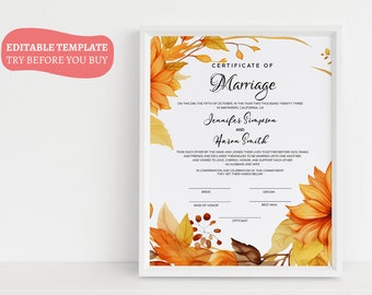 Weeding Marriage certificate printable template, Modern Wedding Certificate Template, Editable Wedding Vow Keepsake, Floral Fall Certificate