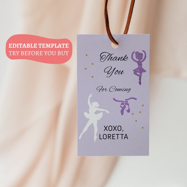 Ballerina Favor Tag Vorlage - Druckbare Ballett-Geburtstags-Gastgeschenk-Tag, Dankeschön-Tag, Mädchen-Geburtstag-Geschenkanhänger, bearbeitbarer Favor-Tag