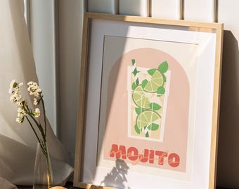 Stampa minimalista del cocktail Mojito / Illustrazione moderna per carrello bar (download digitale)