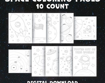 May include: A set of ten space-themed coloring pages. Each page features a different space-related illustration, including rockets, astronauts, planets, and a UFO. The text at the top reads "SPACE COLORING PAGES 10 COUNT". The bottom text says "DIGITAL DOWNLOAD (PLEASE READ DESCRIPTION!)".