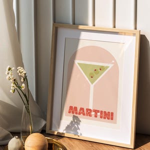 Impresión minimalista de martini / Póster de cóctel para decoración del hogar / Impresión estética moderna de carrito de bar / Arte mural moderno con descarga digital