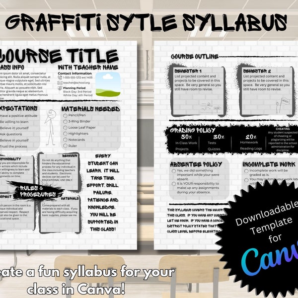 Syllabus Template Canva Template Fun Syllabus Graffiti Syllabus High School Syllabus Middle School Syllabus Custom Syllabus Template