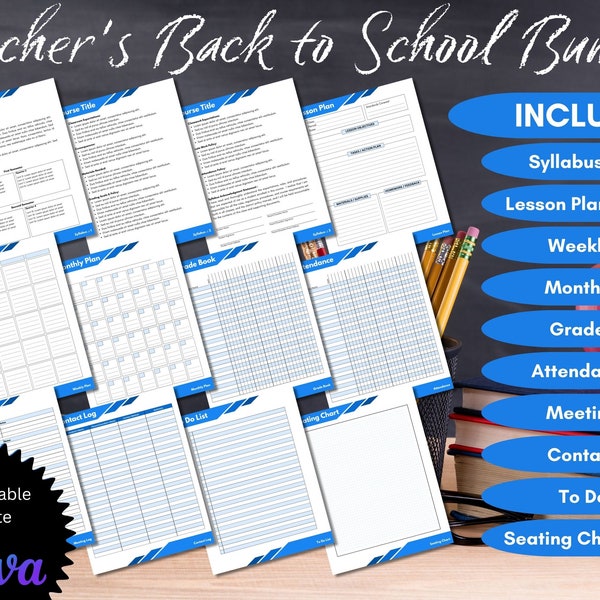Teacher Planner, Canva Template, Syllabus, Attendance, Grade Book, Seating Chart, Back to school bundle, Customizable Teacher Kit, Weekly