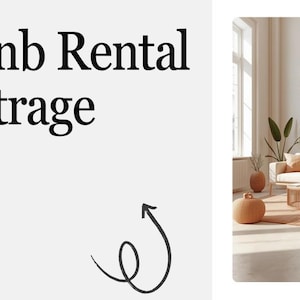 May include: The image features the text "Airbnb Rental Arbitrage SOP" with an arrow pointing towards a well-lit living room. The room has a neutral color palette, a sofa, a coffee table, and a rug. Decorative plants and a framed picture add to the room's aesthetic.