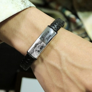 Personalized Men Leather Photo Bracelet,Engraved Name Bracelet,Photo Gift for Dad,Christmas Gift for Him,Men&#39;s Bracelet,Confirmation Gifts