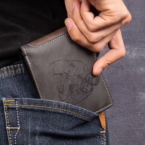 Cartera con foto personalizada para hombre, cartera fina de cuero grabada, cartera minimalista, regalo de aniversario para novio, regalos del día del padre para él