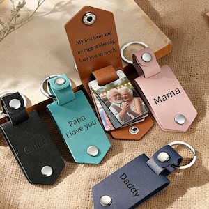 Llavero de cuero personalizado para hombre con foto, llavero con etiqueta metálica para foto, llavero grabado, regalos de aniversario para él, regalo del Día del Padre