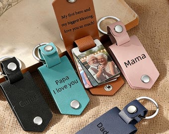 Porte-clés personnalisé en cuir pour hommes avec photo, porte-clés photo avec étiquette en métal, porte-clés gravé, cadeaux d'anniversaire pour lui, cadeau de fête des pères