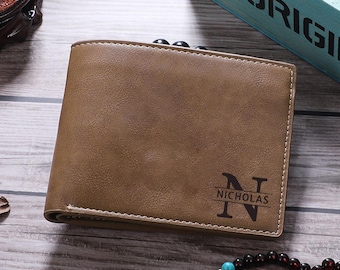 Cartera de cuero personalizada para hombre, cartera personalizada escrita a mano, foto y texto grabados, regalo de aniversario para él, hombres, padre, papá, esposo, novio