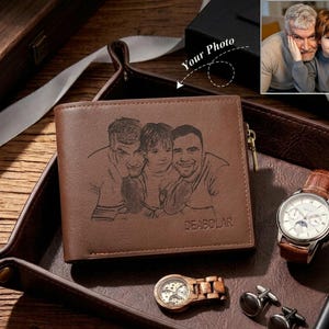 Portefeuille photo personnalisé en cuir pour homme, portefeuille à deux volets avec nom gravé, cadeau d'anniversaire pour lui, cadeaux de fête des pères pour papa mari