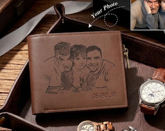 Personalisierte Foto Herren Leder Brieftasche, gravierte Name Bifold Brieftasche, Jubiläum Geburtstagsgeschenk für ihn, Vatertagsgeschenke für Papa Ehemann