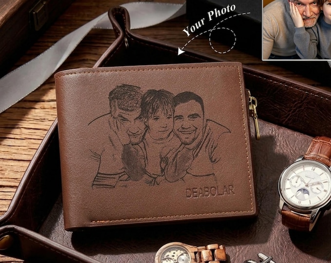 Personalized Photo Mens Leather Wallet, Engraved Name Bifold Wallet, Anniversary Birthday Gift for Him, Gift for Dad Husband, Groomsmen Gift