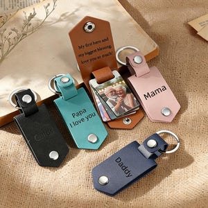 Personalized Mens Leather Keychain with Photo, Engraved Metal Tag Picture Keychain, Anniversary Valentines Gifts for Him, Gift for Dad