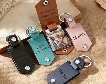 Porte-clés personnalisé en cuir pour hommes avec photo, étiquette en métal gravée avec photo, cadeaux d'anniversaire de Saint-Valentin pour lui, cadeau pour papa