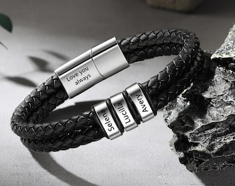 Personalized Mens Leather Bracelet with 2-6 Names, Custom Kid's Names Beads for Dad, Family Gifts for Husband, Grandad Father's Day Gift