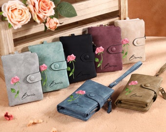 Personalized Womens Leather Wallet,Custom Birth Flower Wallet,Women Purse with Zipper,Mother&#39;s Day Gifts, Wallet for Mom, Ladies Wallet