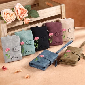 Cartera de cuero personalizada para mujer, cartera con flor de nacimiento personalizada, cartera para mujer con cremallera, regalos para el día de la madre, cartera para mamá, cartera para mujer