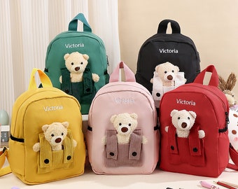 Mochila personalizada para niños pequeños con nombre bordado, mochila preescolar para niños, mochila kawaii con osito de peluche, regalo para la vuelta al cole para niños y niñas.