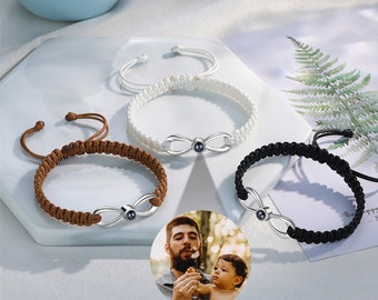 Pulsera de proyección de fotos personalizada, pulsera de cuerda trenzada, pulsera de encanto infinito, imagen dentro de la joyería, regalo para él, regalo para papá