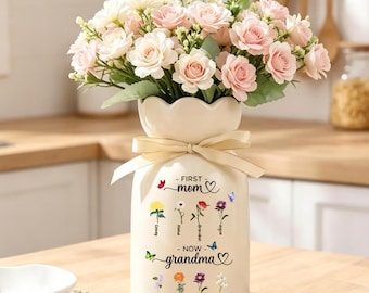 Jarrón de cerámica personalizado con el nombre de los niños, ideal para mamás y abuelas. Regalo único para mamás, abuelas y para el Día de la Madre.