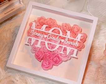 Personalized Rose Heart Shadow Box, Custom Kids Names Flower Shadow Box, Frame Gifts for Mom/Grandma, Mother's Day Gift, Family Gift