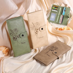 Cartera de cuero personalizada para mujer, cartera para mujer, cartera personalizada con nombre y flor de nacimiento, regalo de cumpleaños para mamá, regalos del día de la madre para ella