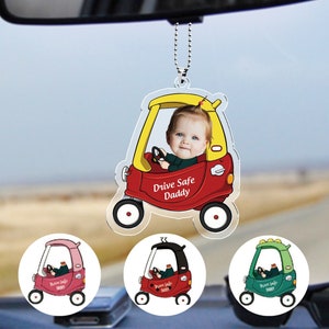 パーソナライズされた赤ちゃんの写真の車用ハンガー、安全運転のパパのアクリル製車用オーナメント、新しいお父さんへのギフト、彼への初めての父の日のギフト、パパへのギフト