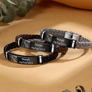 Gepersonaliseerde aangepaste foto herenarmband, gegraveerde foto naam armband, leren armband, bevestigingscadeau voor jongen, cadeau voor hem, kerstcadeau