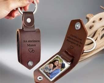 Gepersonaliseerde heren lederen sleutelhanger met foto, metalen tag foto sleutelhanger, gegraveerde sleutelhanger, cadeaus voor papa, verjaardagscadeaus voor hem