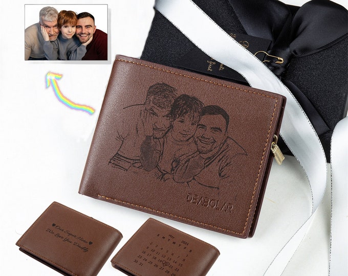 Cartera personalizada con foto para hombre, cartera con foto grabada, cartera fina de cuero, regalo de recuerdo, regalo de aniversario para él, regalo del Día del Padre