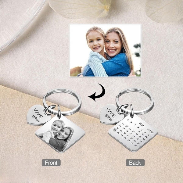 Custom Photo Calendar and Text Keychain,Personalized Engraved Music Code Keyring,Gift for Family,Memory Gift for Him,Christmas Gift for Dad