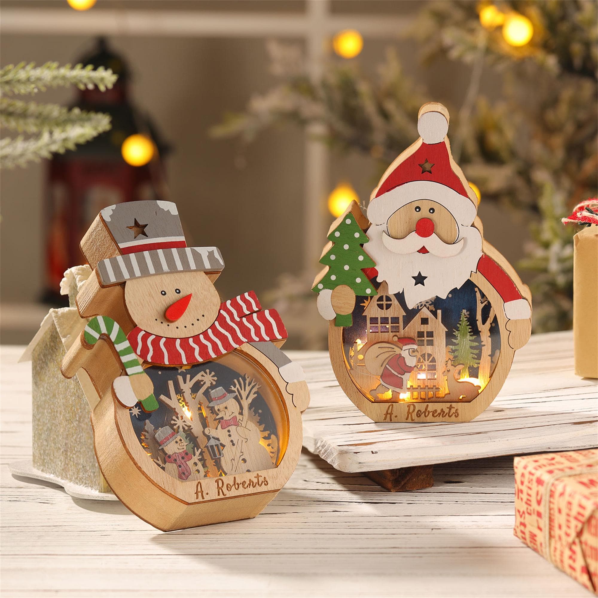 Custom Wooden Snowman/Santa Lantern,Christmas Night Light with Kids Name,Desktop Decor,Xmas Ornaments With Light,Christmas Gifts For Kid