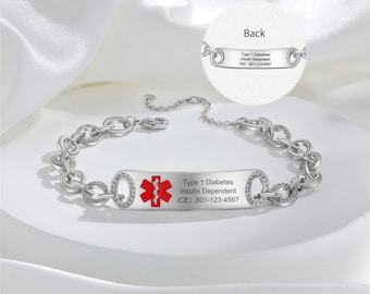 Custom Women Medical Bracelet,Front and Back Large Capacity Engraving,Medical Emergency Alarm Bracelet for Epilepsy,Allergy,Diabetes