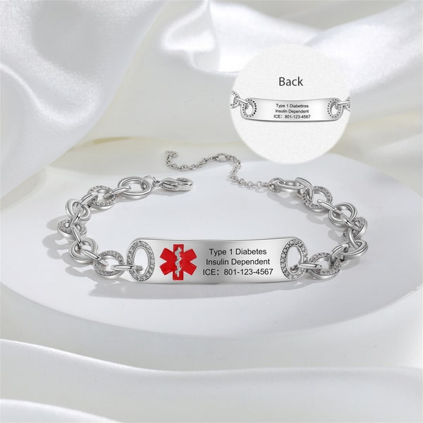 Custom Women Medical Bracelet,Front and Back Large Capacity Engraving,Medical Emergency Alarm Bracelet for Epilepsy,Allergy,Diabetes