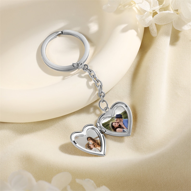 Porte-clés photo personnalisé, porte-clés photo coeur personnalisé, porte-clés texte gravé, porte-clés fleur de naissance gravée, cadeau pour elle, cadeau de Noël Argent