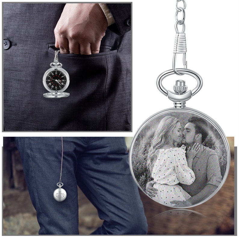Gepersonaliseerde aangepaste foto zakhorloge met ketting, foto zakhorloge voor mannen, huwelijkscadeaus voor hem, verjaardagscadeaus voor papa, vaderdagcadeau afbeelding 4