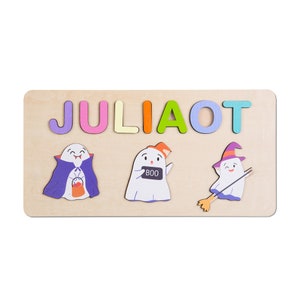 Rompecabezas de madera de Halloween para bebés y niños pequeños, Tablero de rompecabezas con nombre personalizado, Lindo rompecabezas de bruja, Juguetes educativos para niños para aprender letras