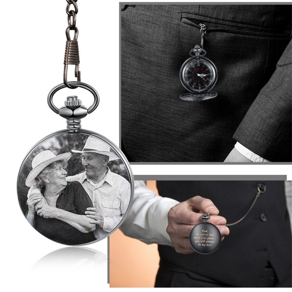 Reloj de bolsillo con foto personalizado con cadena, reloj de bolsillo con imagen para hombres, regalos de boda para él, regalos de cumpleaños para papá, regalos de Navidad