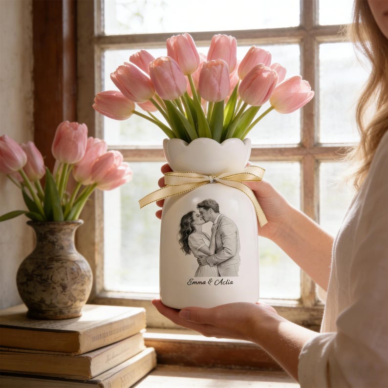Puede incluir: Un jarr&oacute;n de cer&aacute;mica blanco con borde festoneado, lleno de tulipanes rosas y adornado con una cinta beige. El jarr&oacute;n presenta una imagen en blanco y negro de una pareja bes&aacute;ndose, con el texto "Emma & Aclia" debajo.