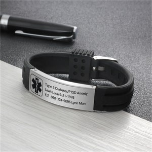 Customized Silicone Medical Alert Bracelet,Engraved Medical Information and Alert ID,Sporty Wristband for Epilepsy, Heart Disease Patients image 5