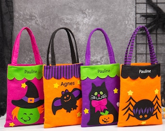 Panier personnalisé de bonbons ou de friandises, sac de bonbons avec nom personnalisé, panier de bonbons d’Halloween, seau de friandises d’Halloween, cadeau d’Halloween personnalisé pour les enfants