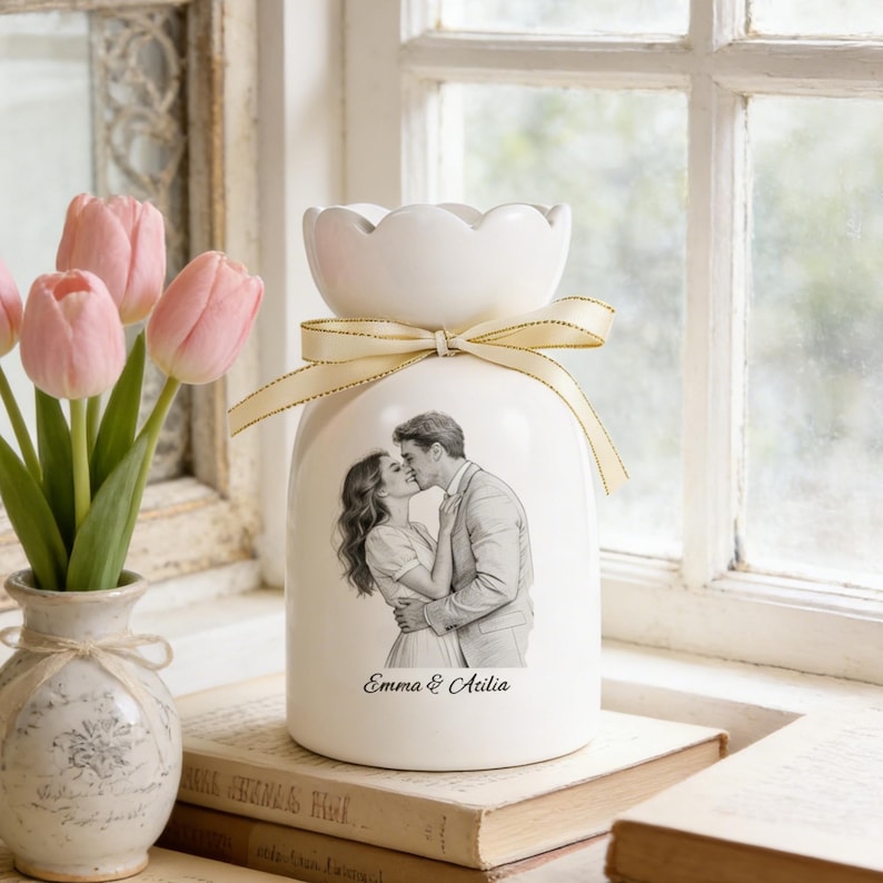 Puede incluir: Un jarr&oacute;n de cer&aacute;mica blanco con borde festoneado y cinta crema. El jarr&oacute;n presenta una imagen en blanco y negro de una pareja bes&aacute;ndose, con los nombres "Emma & Atilia". Tulipanes rosas en un jarr&oacute;n peque&ntilde;o a la izquierda.